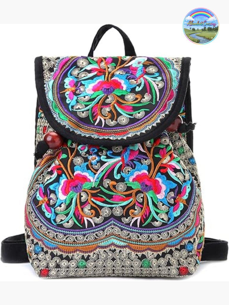 Vintage Embroidered Floral Backpack Purse - Lightweight Canvas Boho Shoulder Bag